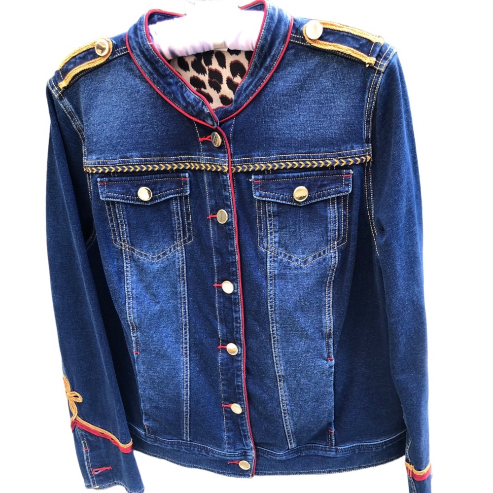 Chico’s size 10-12 denim military jacket stretch gold detail oversized - Picture 1 of 14